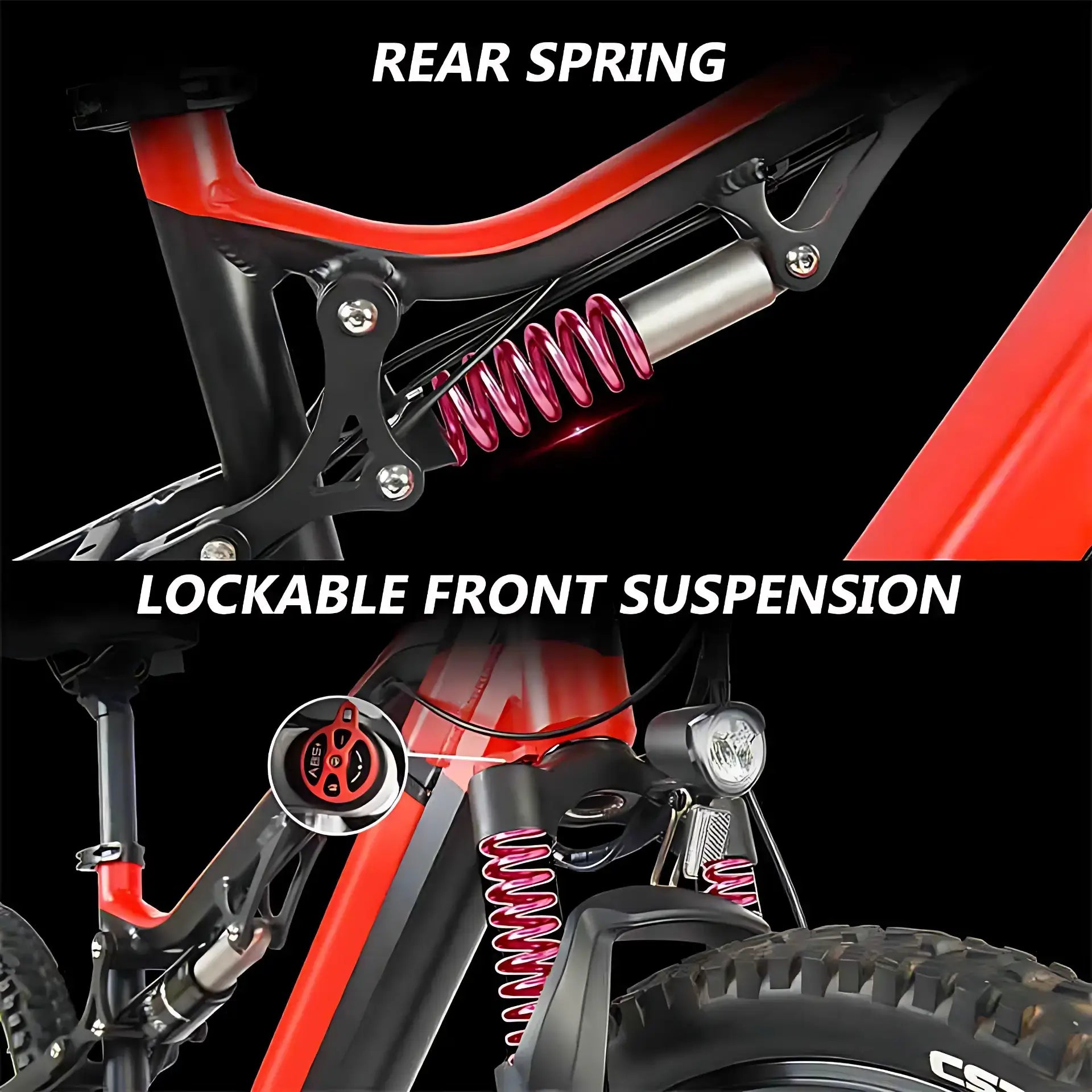 Close-up of a bicycle with labeled rear spring and lockable front suspension on a black background.