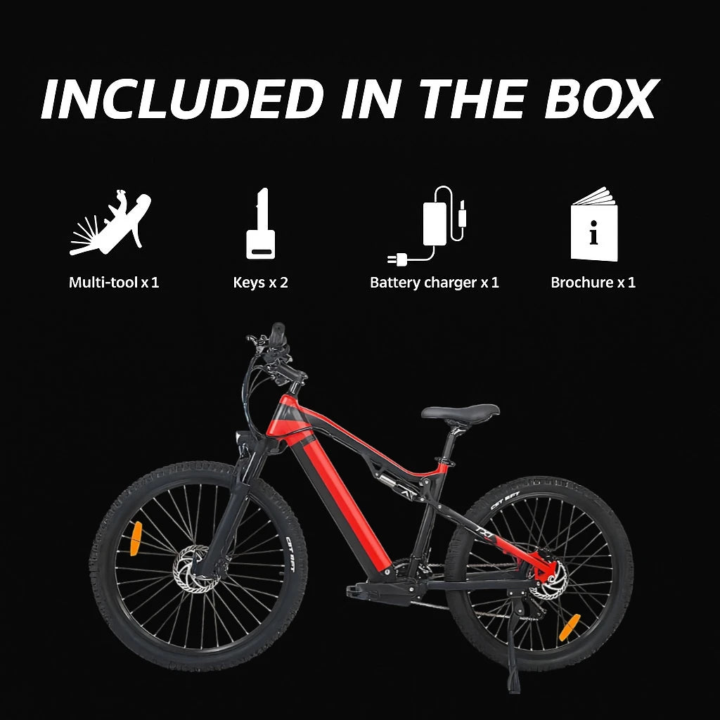 Electric bike with included items listed on a dark background