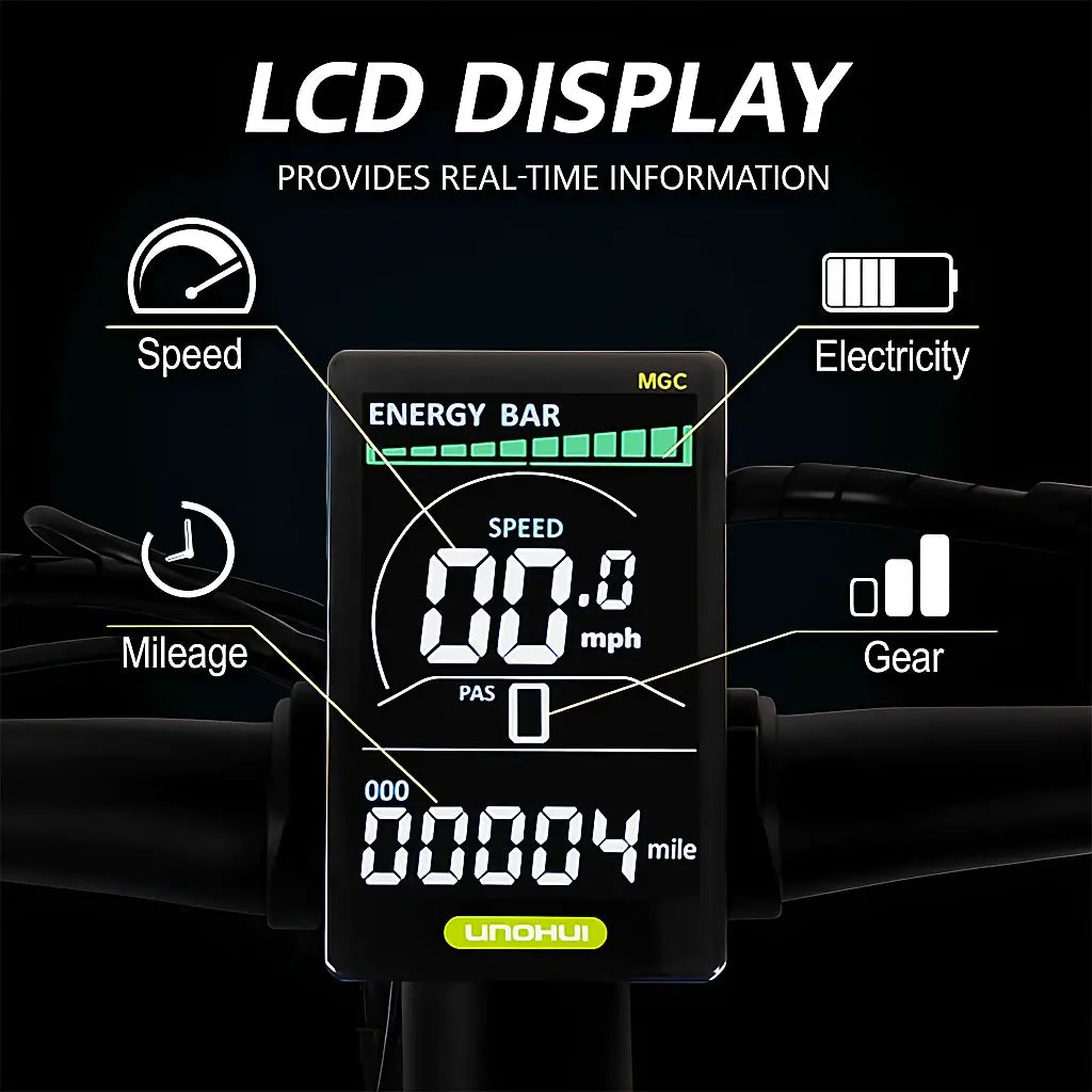 Digital display on a bike handlebar with various indicators and text.