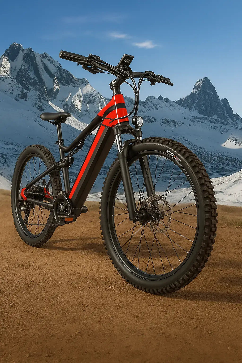 Electric bike on a dirt path with snowy mountains in the background