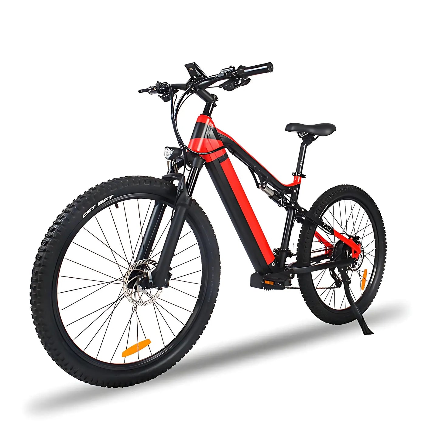 Red Montis electric bicycle on a white background - front left view
