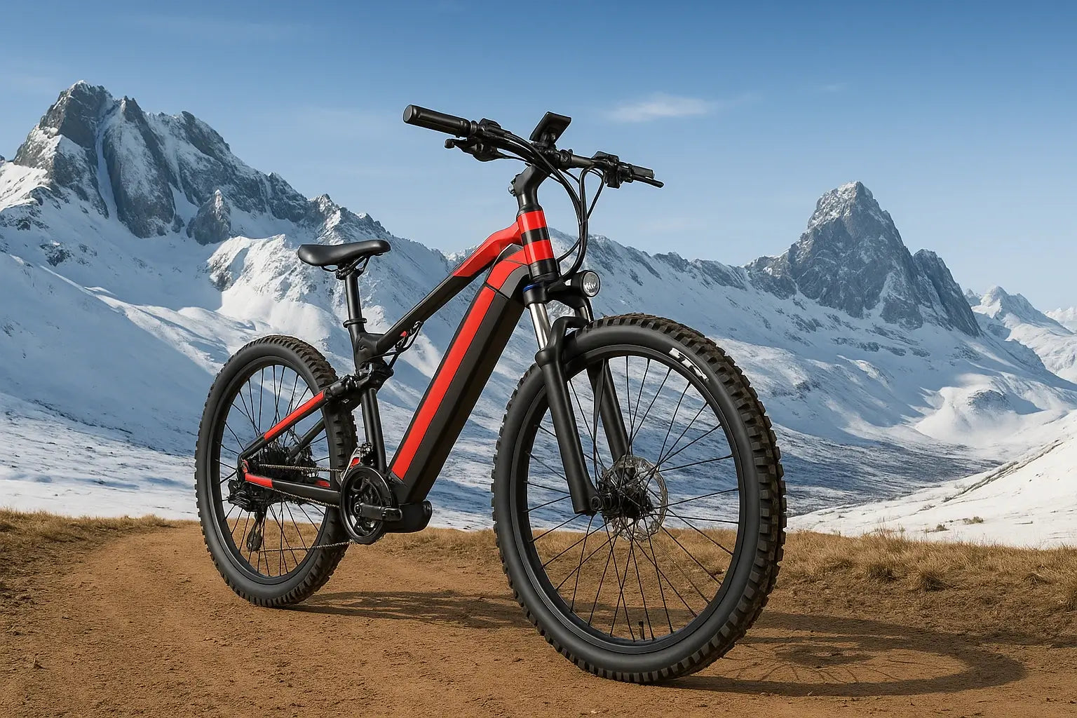 Electric bike on a dirt path with snow-capped mountains in the background