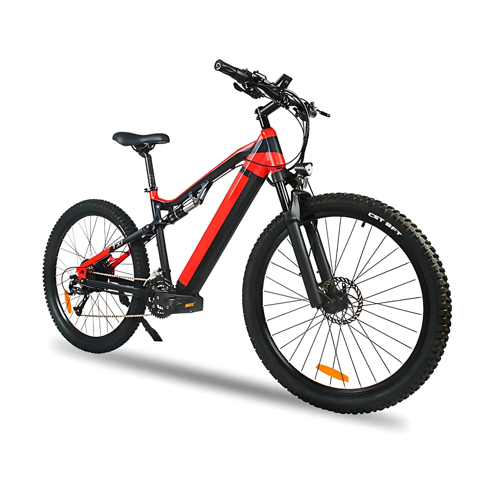 Red Montis electric bicycle on a white background - front right view